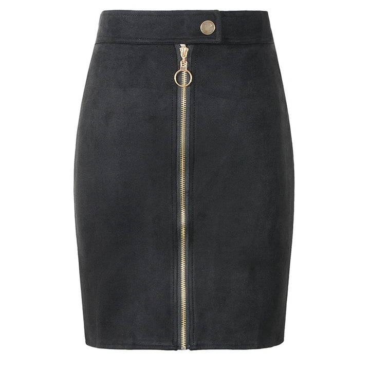 Suede Front Zipper Button Mini Pencil Skirts - Divawearfashion