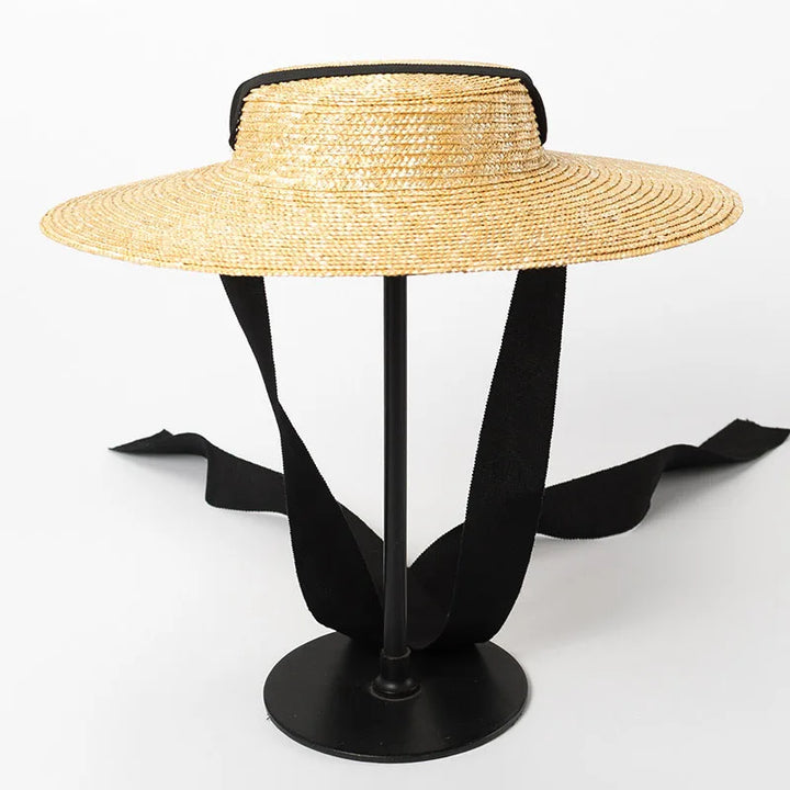 Wide Brim Boater Straw Hat with Tie Black Ribbon - Divawearfashion