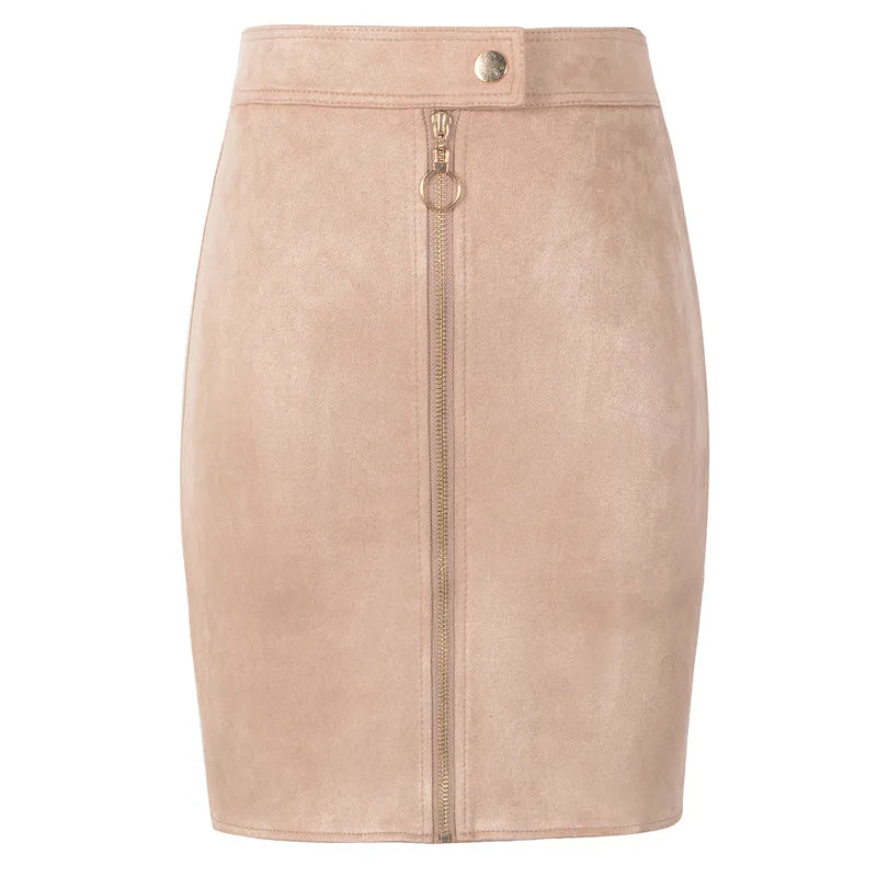 Suede Front Zipper Button Mini Pencil Skirts - Divawearfashion