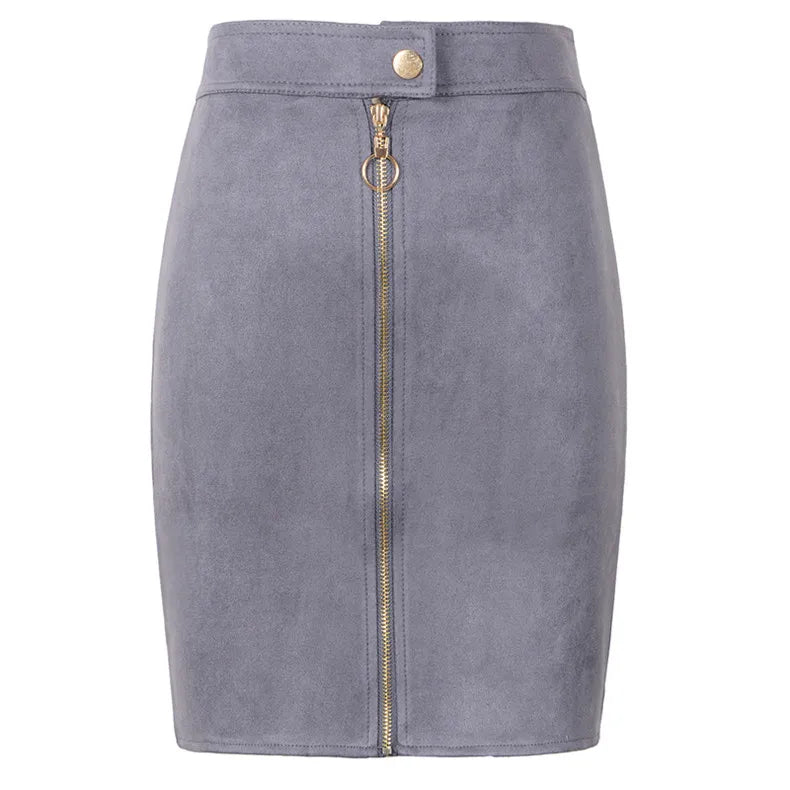 Suede Front Zipper Button Mini Pencil Skirts