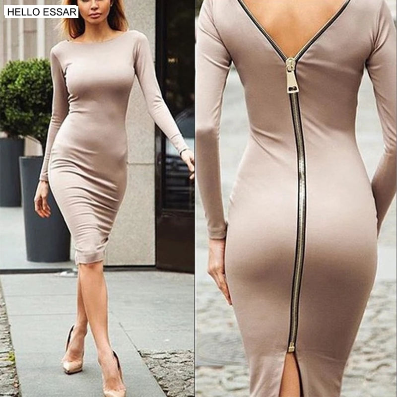 Round Neck Long Sleeve Back Zipper Bodycon Dress - Divawearfashion