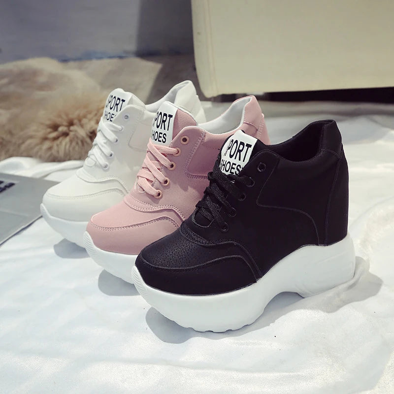 Women's Vulcanize Shoes PU Leather White/Black/Pink Sneakers For Woman Fashion High Heels Chunky Sneakers Female Platform Shoes - Divawearfashion