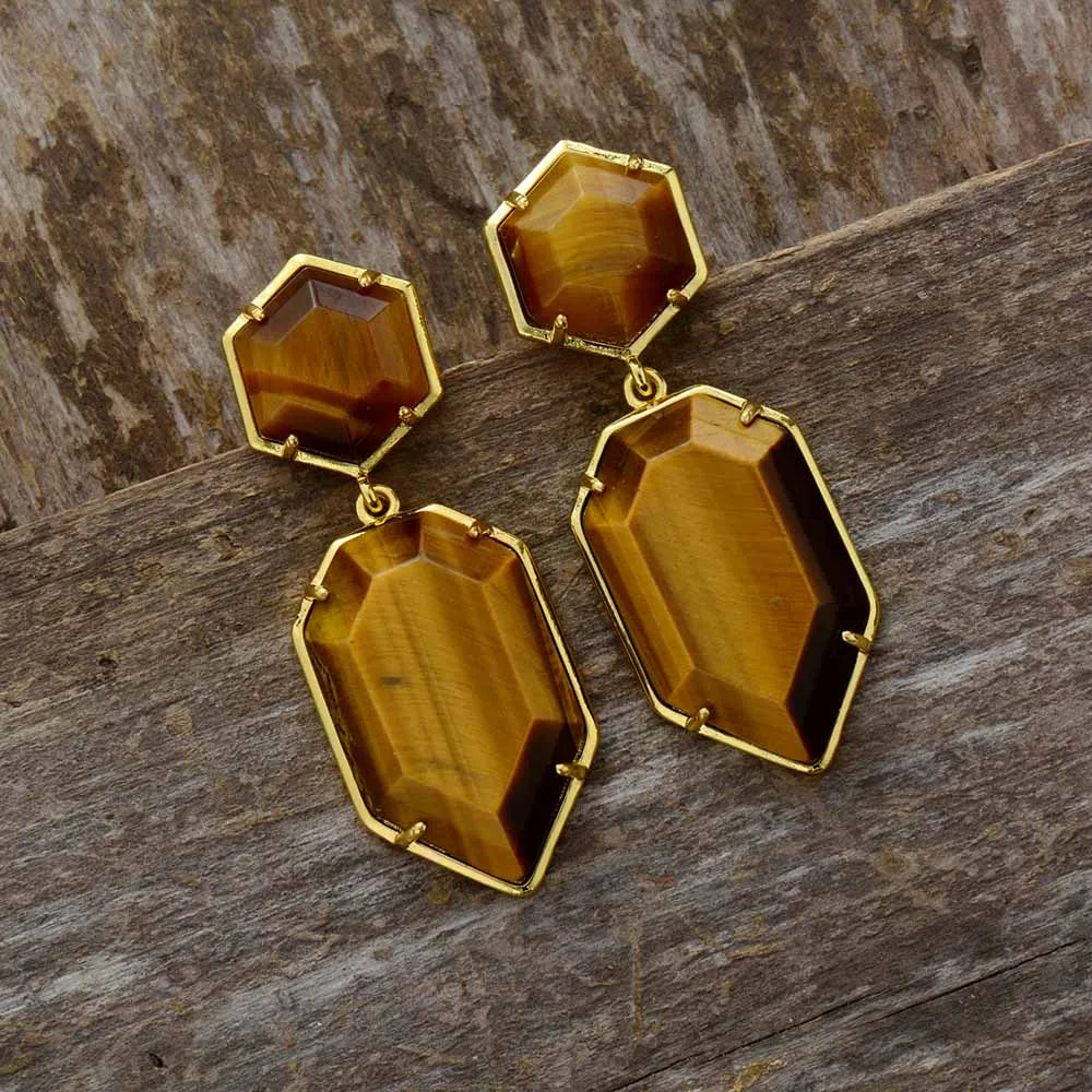 Natural Stone Geometric Design Retro Stud Earrings - Divawearfashion