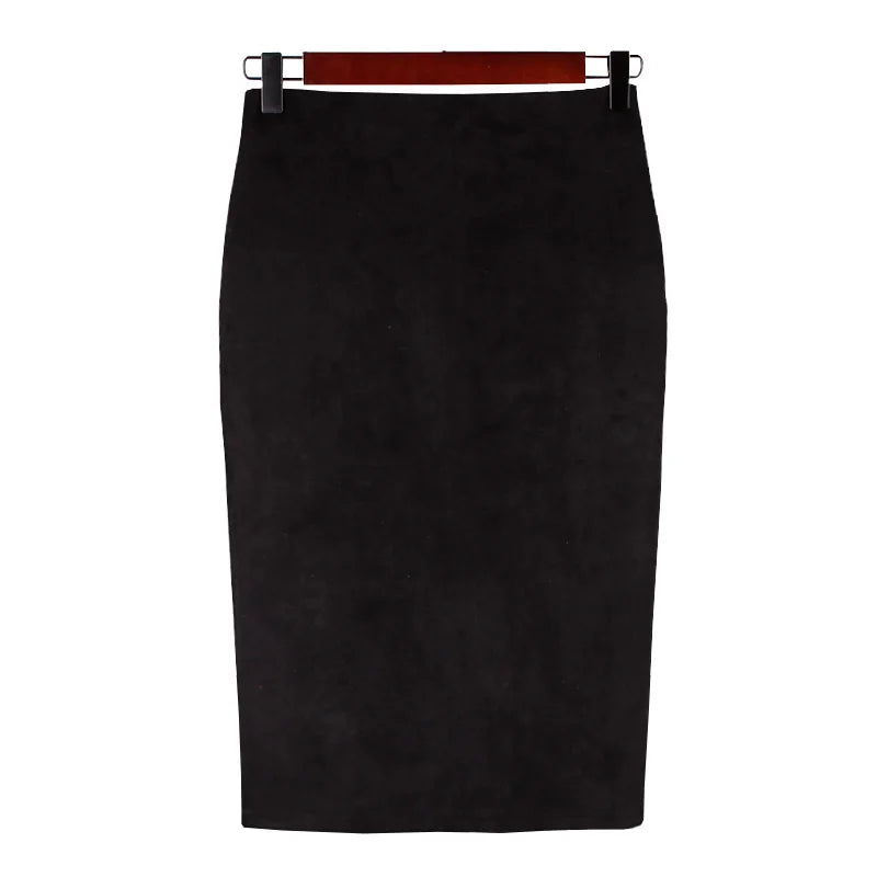 Suede Midi Pencil Skirt with Elastic High Waist