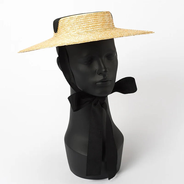 Wide Brim Boater Straw Hat with Tie Black Ribbon - Divawearfashion