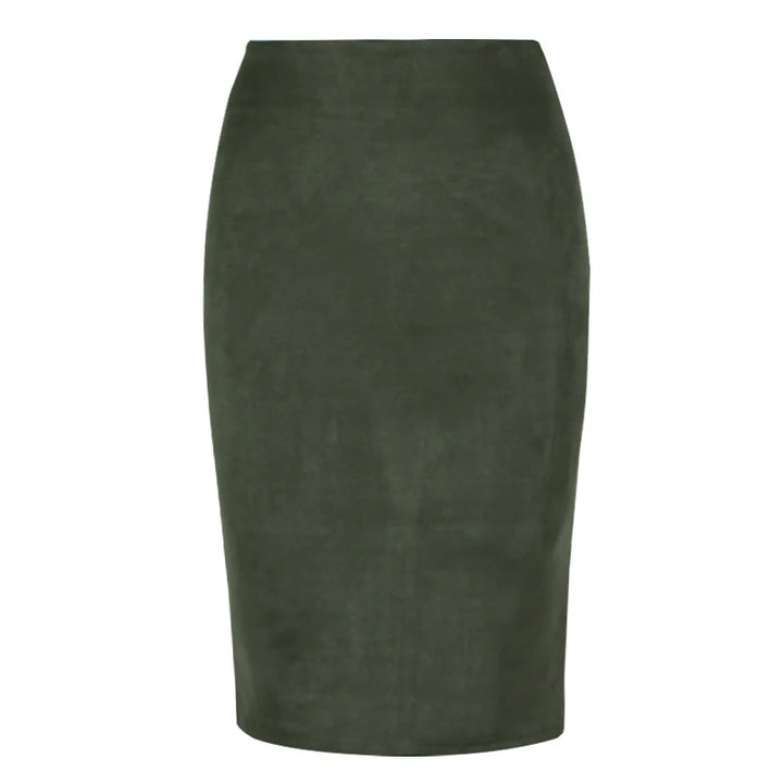 Suede Midi Pencil Skirt with Elastic High Waist