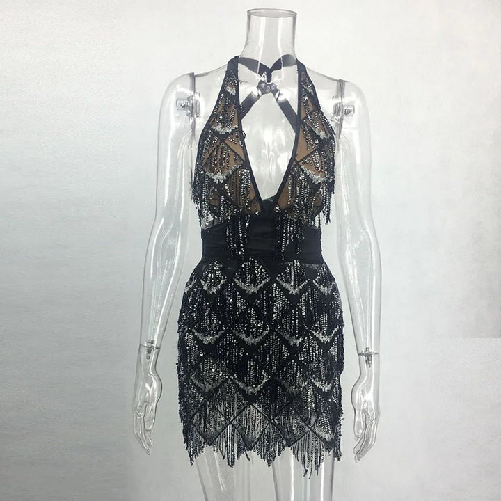 Sparkle Backless Tassel Sequin Bodycon Mini Dress