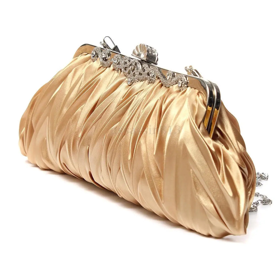 Satin Pleaded Crystal Handbag Clutch - Divawearfashion