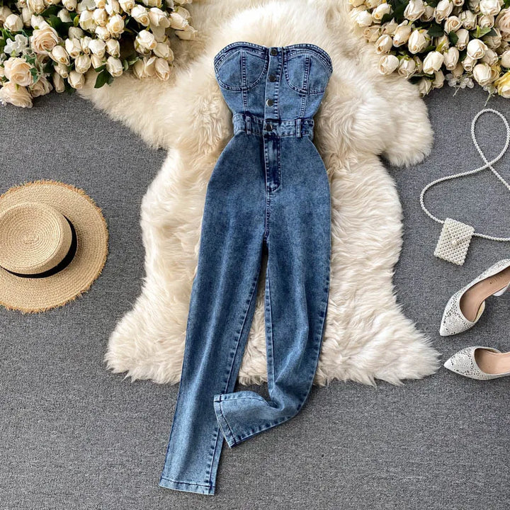 Amolapha Women Sexy Button Strapless Slim Denim Jeans Jumpsuits Outfit - Divawearfashion