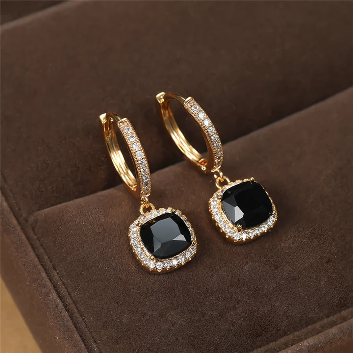 Square Crystal Stone Gold Color Earrings - Divawearfashion