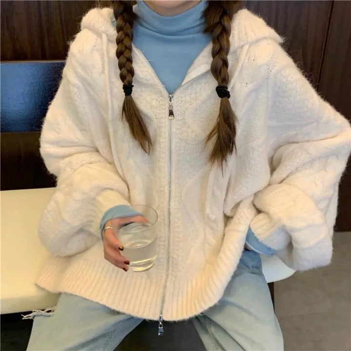 Winter Oversize Knitted Cardigan Sweater with Zipper Outerwear - Divawearfashion