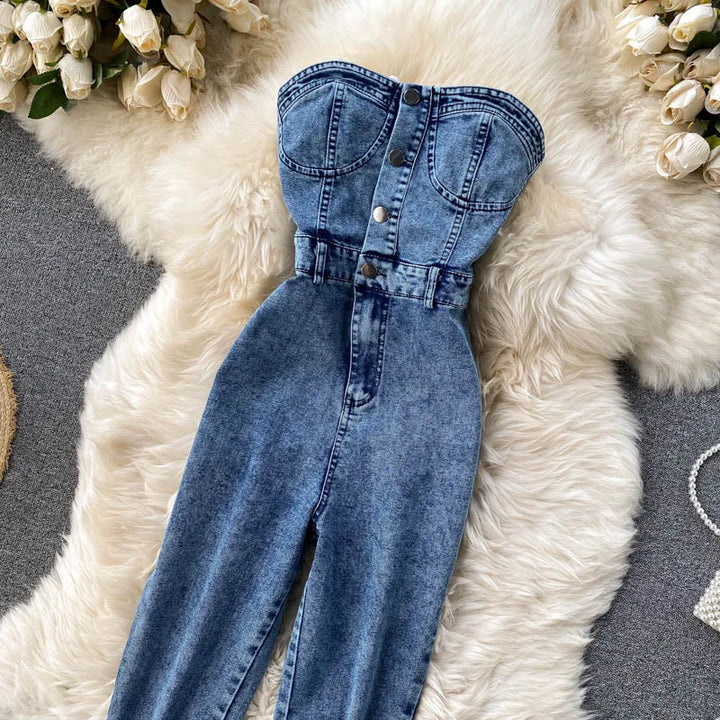 Amolapha Women Sexy Button Strapless Slim Denim Jeans Jumpsuits Outfit - Divawearfashion