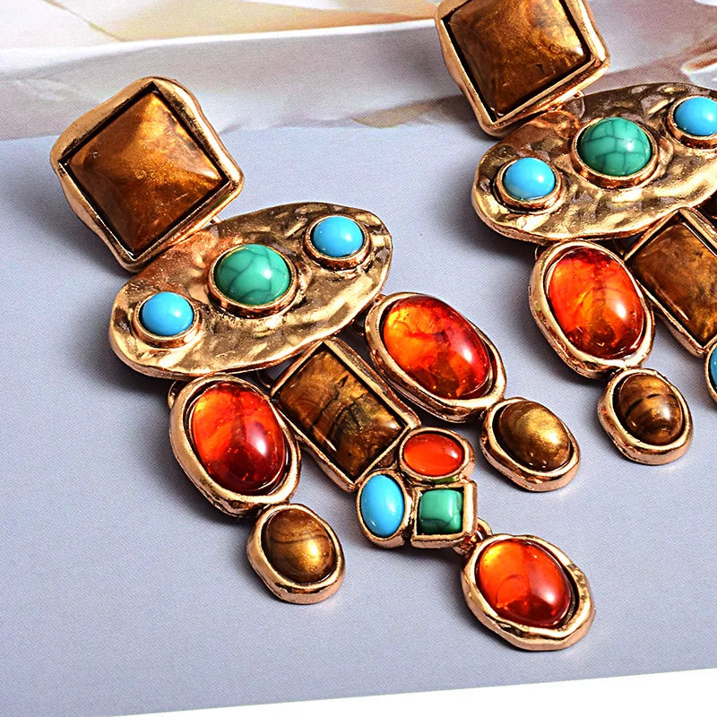 New Vintage Metal Colorful Stone Earrings - Divawearfashion