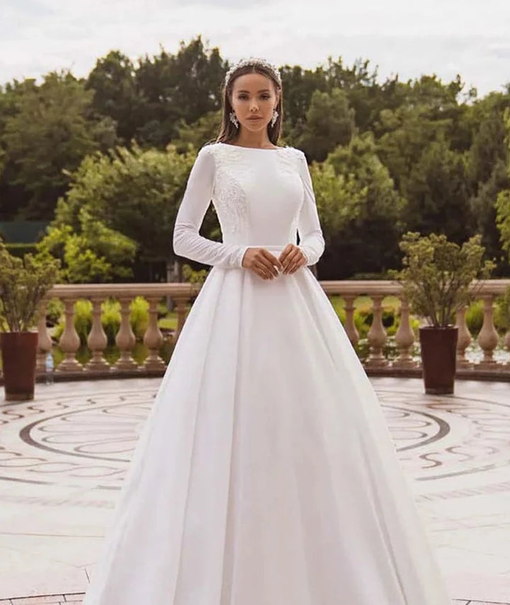 Satin Long Sleeve Lace Bride Gown - Divawearfashion