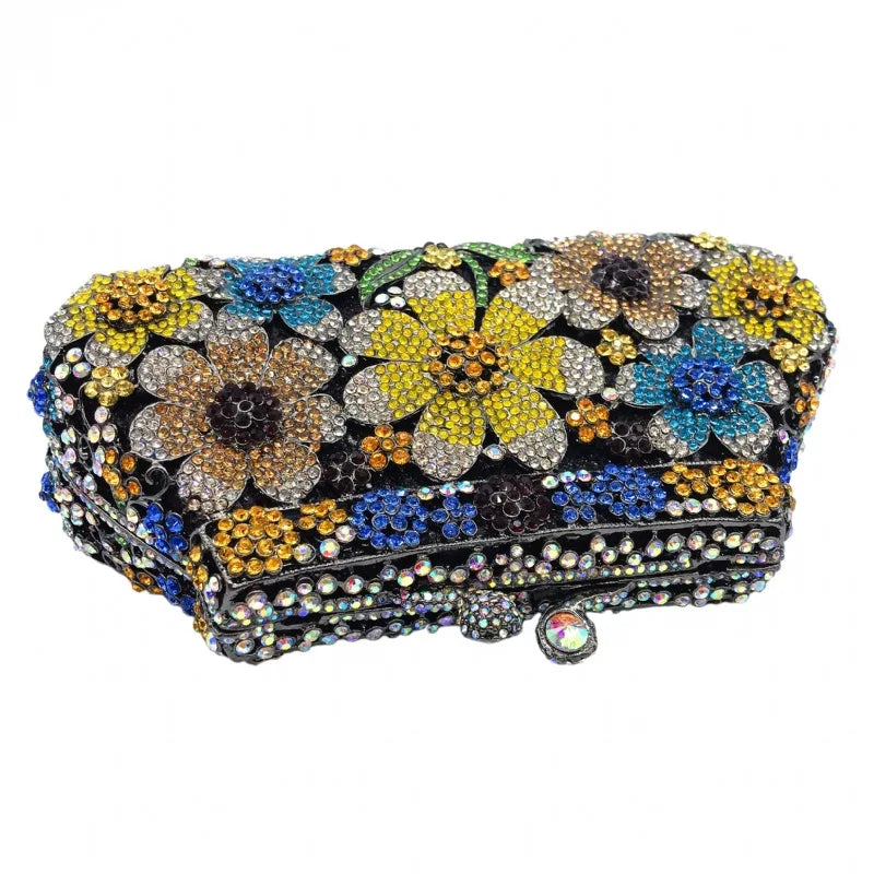 Metal Hardcase Diamond Flower Design Evening Clutch - Divawearfashion