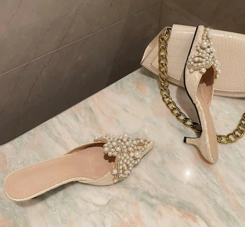 String Pearl Bead Crystal Slip-Heels - Divawearfashion