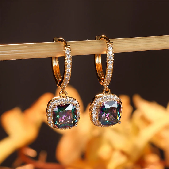 Square Crystal Stone Gold Color Earrings - Divawearfashion