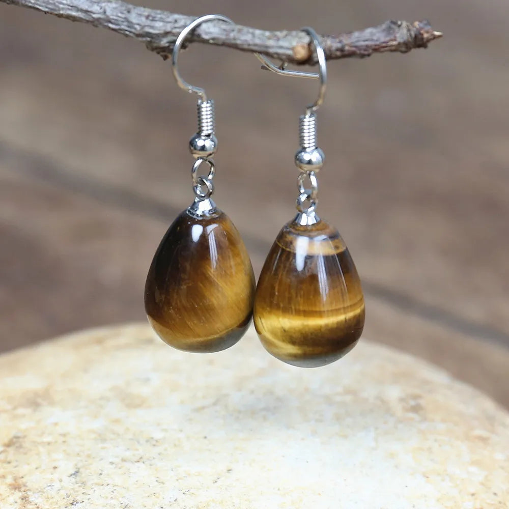 Natural Tiger Eye Stone Dangle Earrings - Divawearfashion