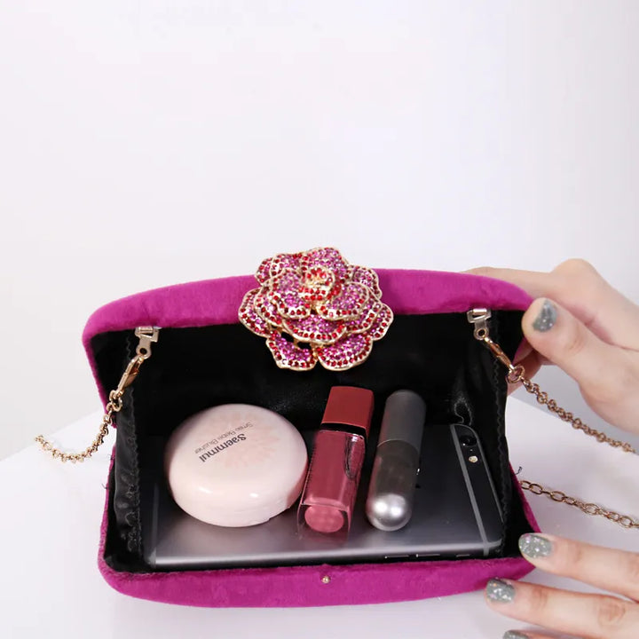 Velvet Clutch with Diamond Flower Lock - Divawearfashion