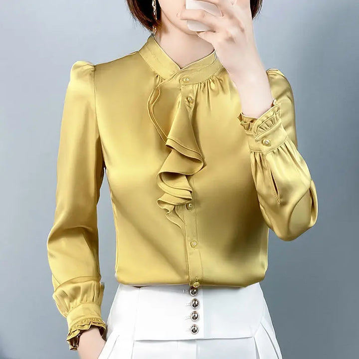 Wave Cut Ruffles Long Sleeve Stand Collar Blouse - Divawearfashion