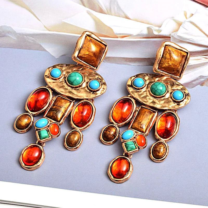 New Vintage Metal Colorful Stone Earrings - Divawearfashion