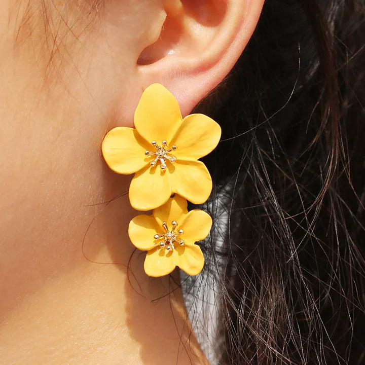 Big Double Flower Drop Earrings - Divawearfashion