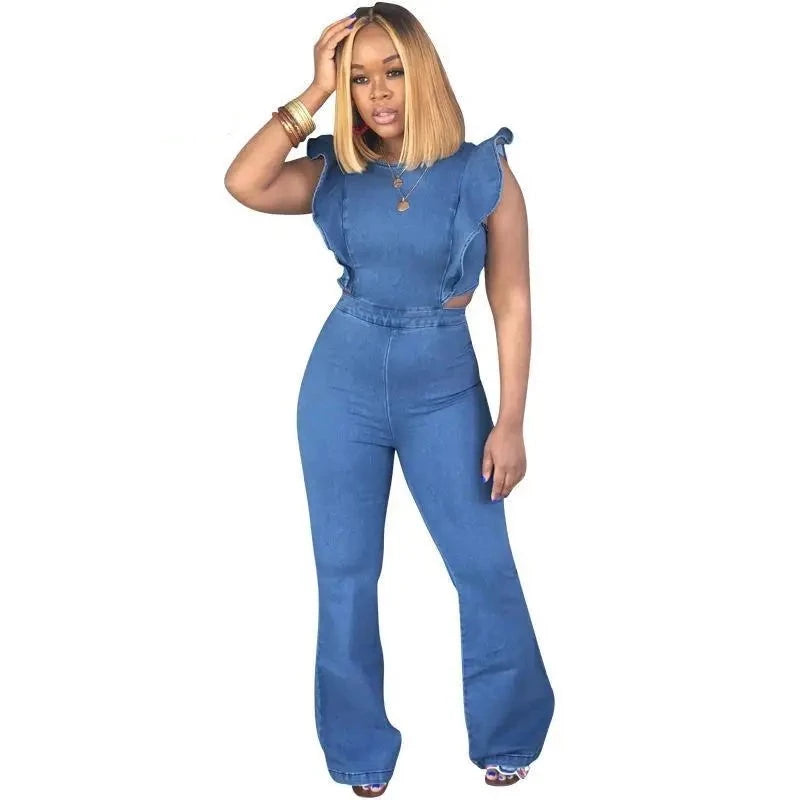 Plus Size Casual Denim Jumpsuits with Butterfly Sleeve