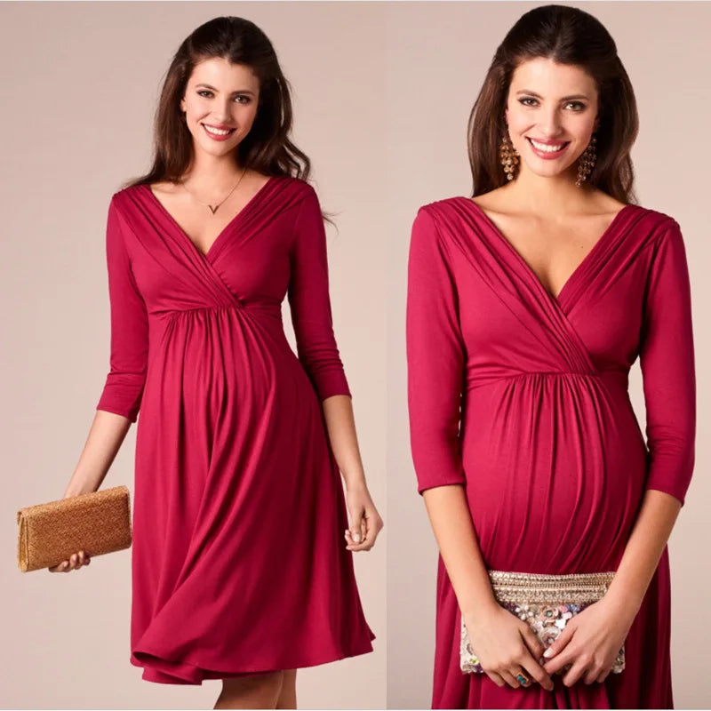 V-neck Three Quarter Sleeve Pleated Pregnancy Dress - Divawearfashion