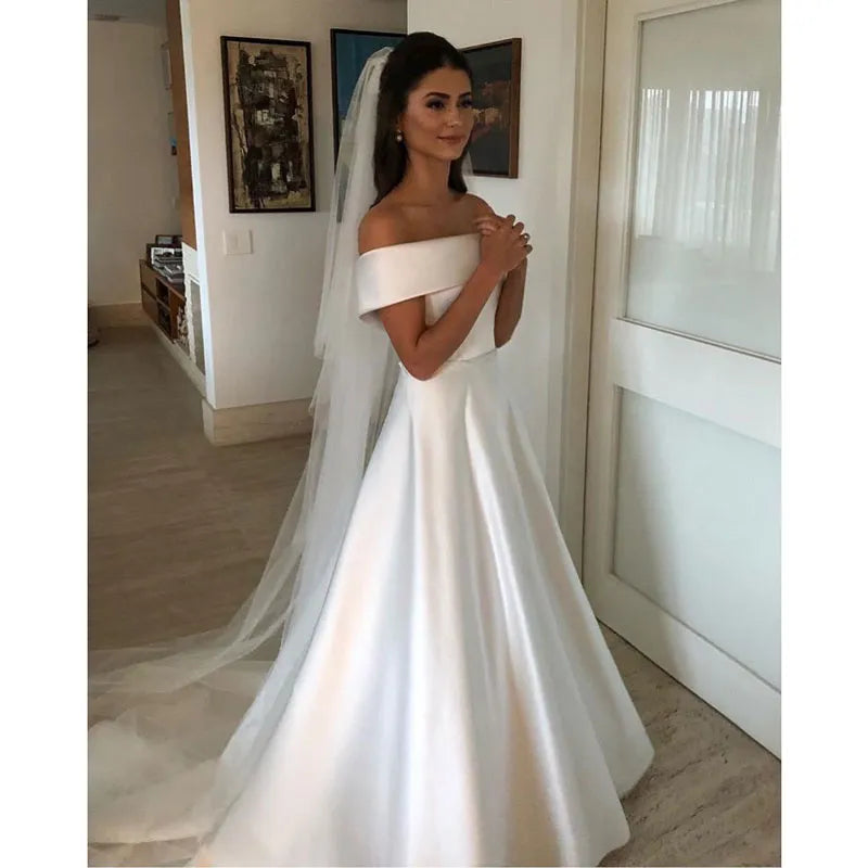 Satin Off The Shoulder Elegant Wedding Dress - Divawearfashion