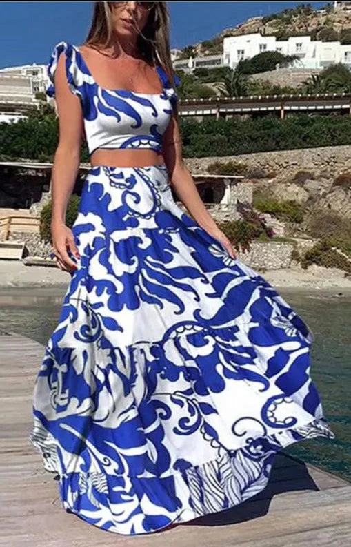 2 PCS Crop Top + High Waist Long Skirt Set - Divawearfashion