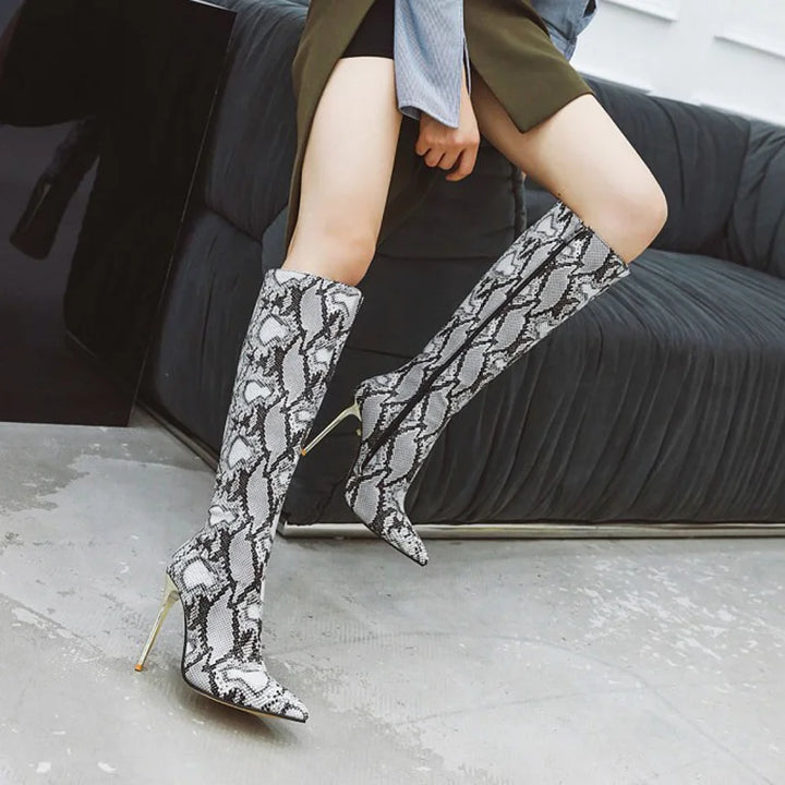 Leather/Snakeskin Long Boots with High Heels - Divawearfashion