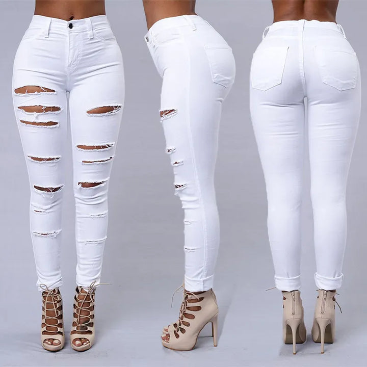 Ripped Skinny Denim Pencil Jeans - Divawearfashion