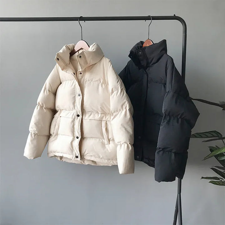 Short Single-Breasted Down Jacket with a Stand Collar - Divawearfashion