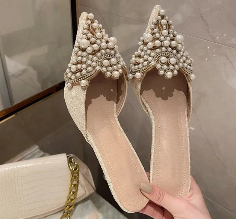 String Pearl Bead Crystal Slip-Heels - Divawearfashion