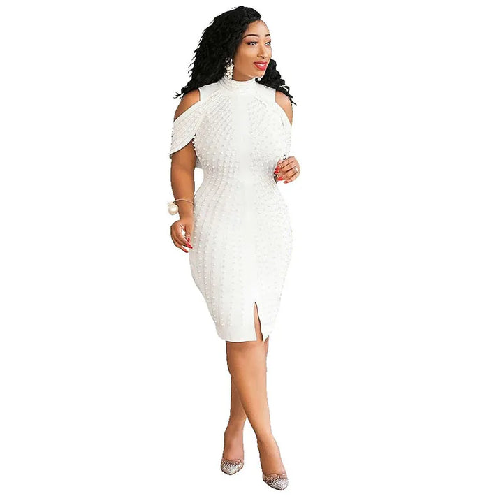 Plus Size High Waist Sexy Bodycon Mini Dress with Pearls - Divawearfashion