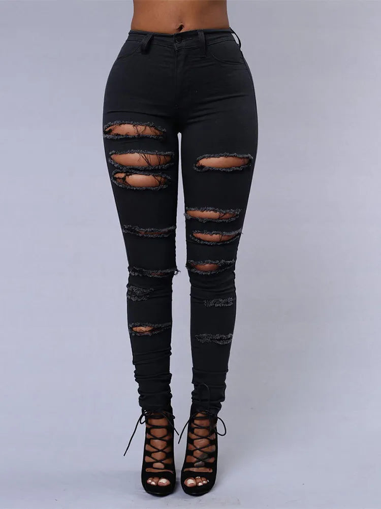 Ripped Skinny Denim Pencil Jeans - Divawearfashion