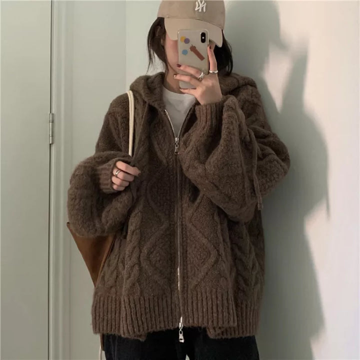 Winter Oversize Knitted Cardigan Sweater with Zipper Outerwear - Divawearfashion