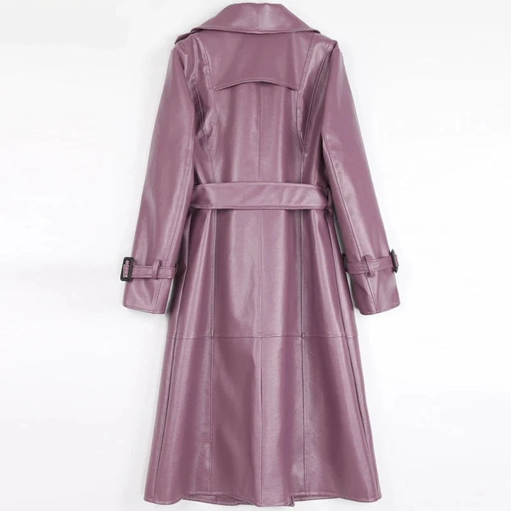 Double Breasted Long Faux Leather Trench Coat  - Divawearfashion