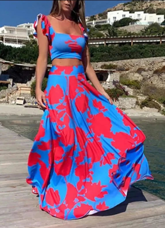 2 PCS Crop Top + High Waist Long Skirt Set - Divawearfashion