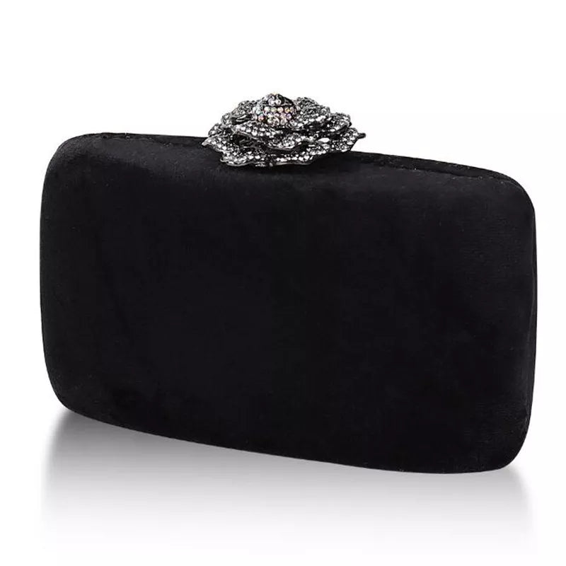 Evening Velvet Clutch Bag with Diamond Flower Lock - Divawearfashion