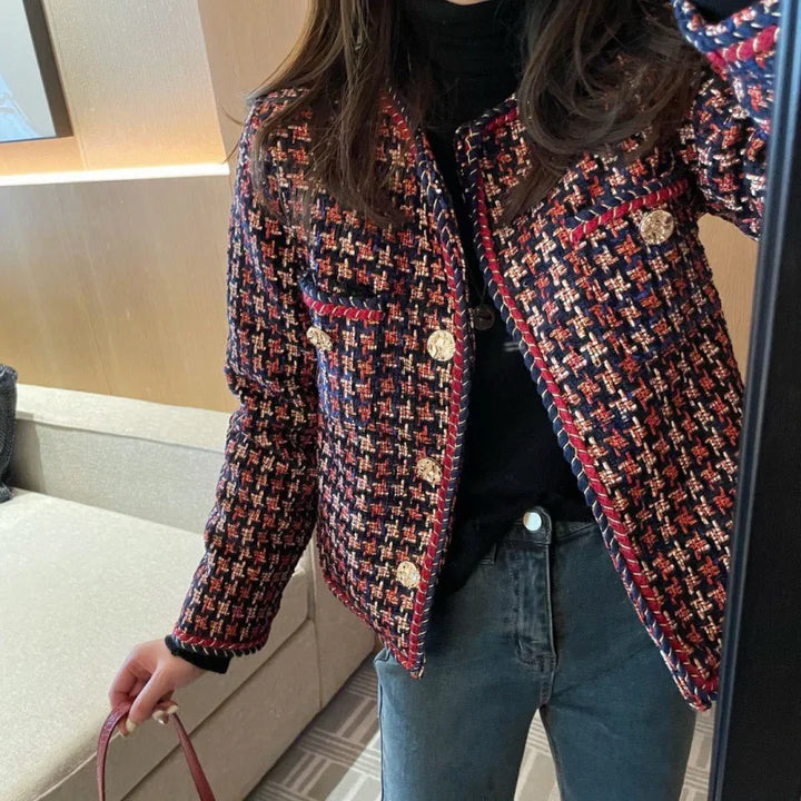 Weave Plaid Tweed Blazer with Pocket - Divawearfashion