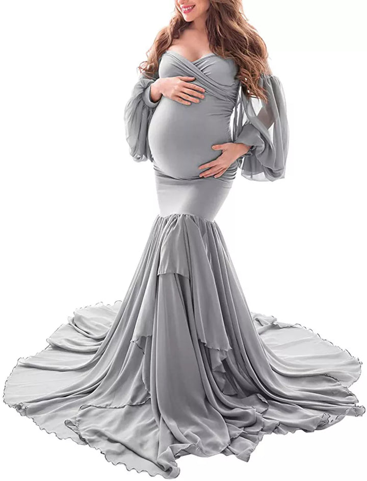 Sexy Off-Shelter Maternity Dresses with Ruffles - Divawearfashion