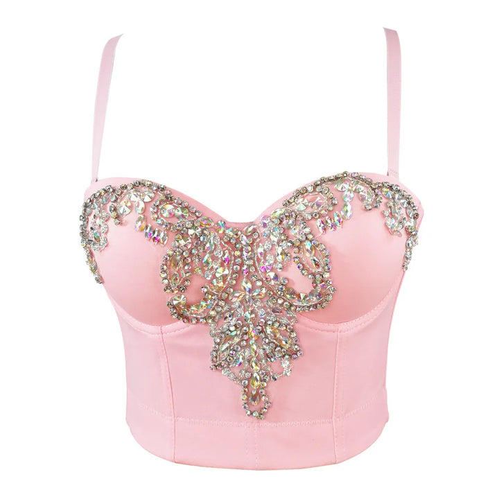 Pink High End Rhinestones Embroidery Luxury Crop Bustier Corset - Divawearfashion