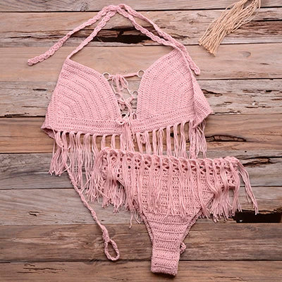 Crochet Knitted Tassel Push Up Bra & Thong Bikini Set - Divawearfashion