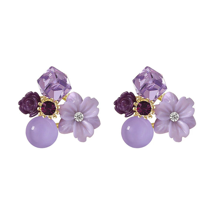 Noble Purple Crystal Flower Stud Earrings - Divawearfashion