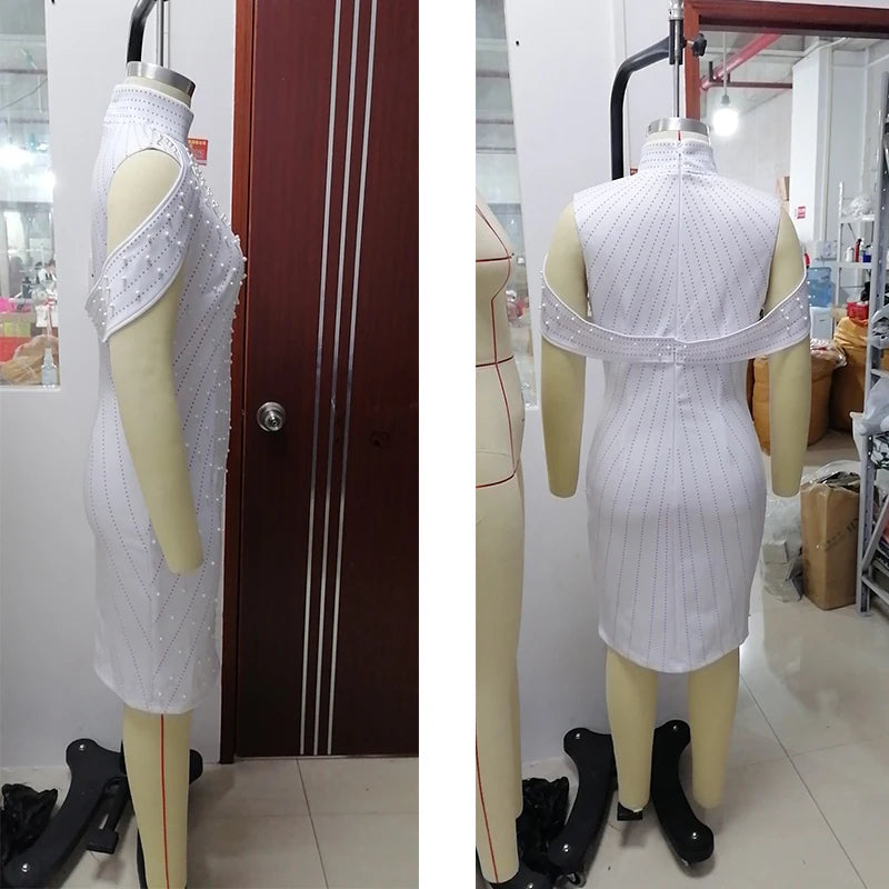 Plus Size High Waist Sexy Bodycon Mini Dress with Pearls - Divawearfashion