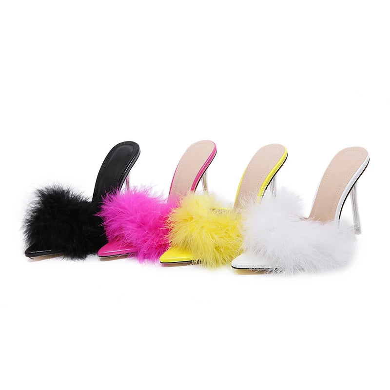 Feather Peep Toe Transparent High Heels Mules - Divawearfashion