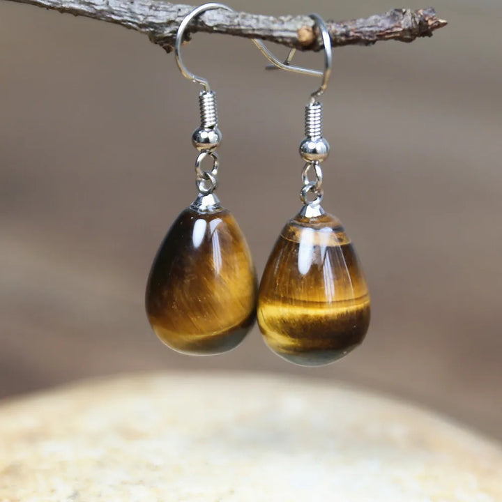 Natural Tiger Eye Stone Dangle Earrings - Divawearfashion