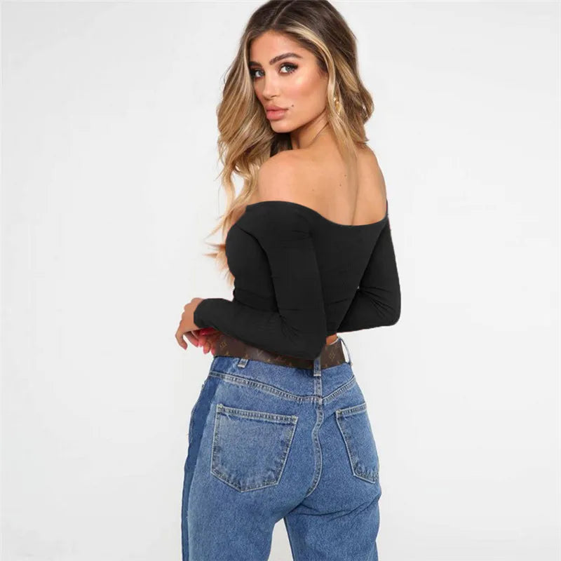 Long Sleeve Off Shoulder Solid Color Crop Top - Divawearfashion