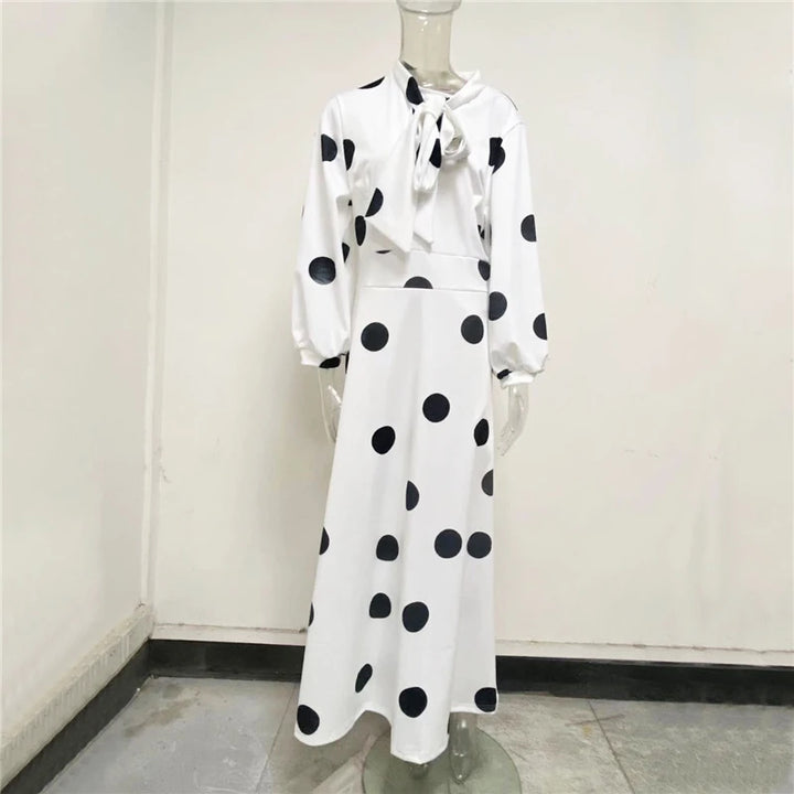 Plus Size Casual Dots Dresses Bow Shirt Dress - Divawearfashion